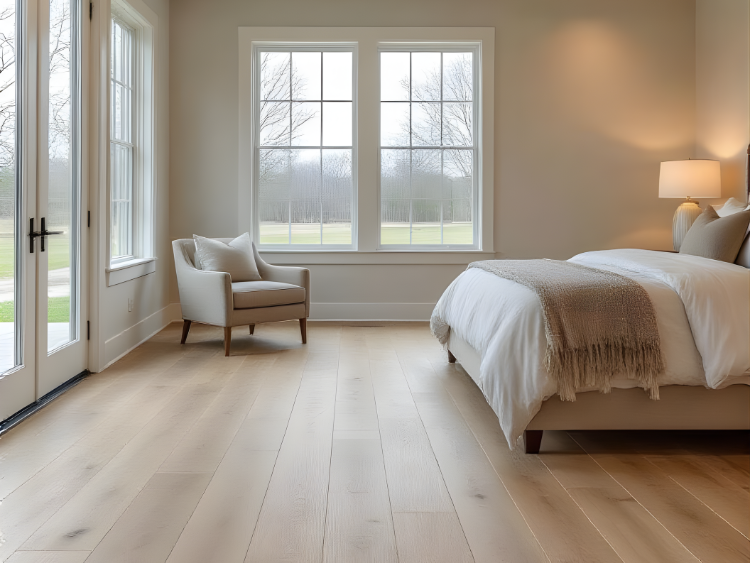 Premium luxury vinyl flooring collection showing wood effect LVT installed in modern bedroom space