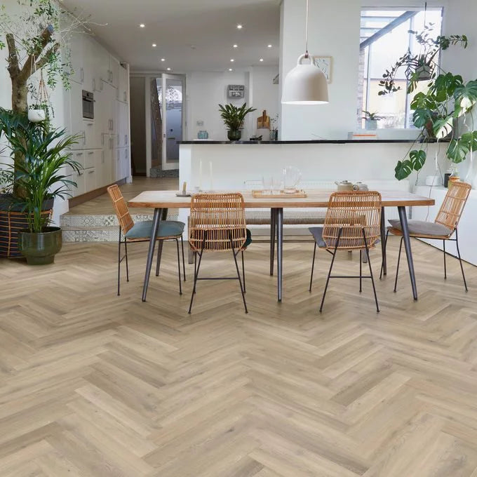 Polyflor Camaro Rigid Core Naked Blond Oak Herringbone SPC click LVT sample