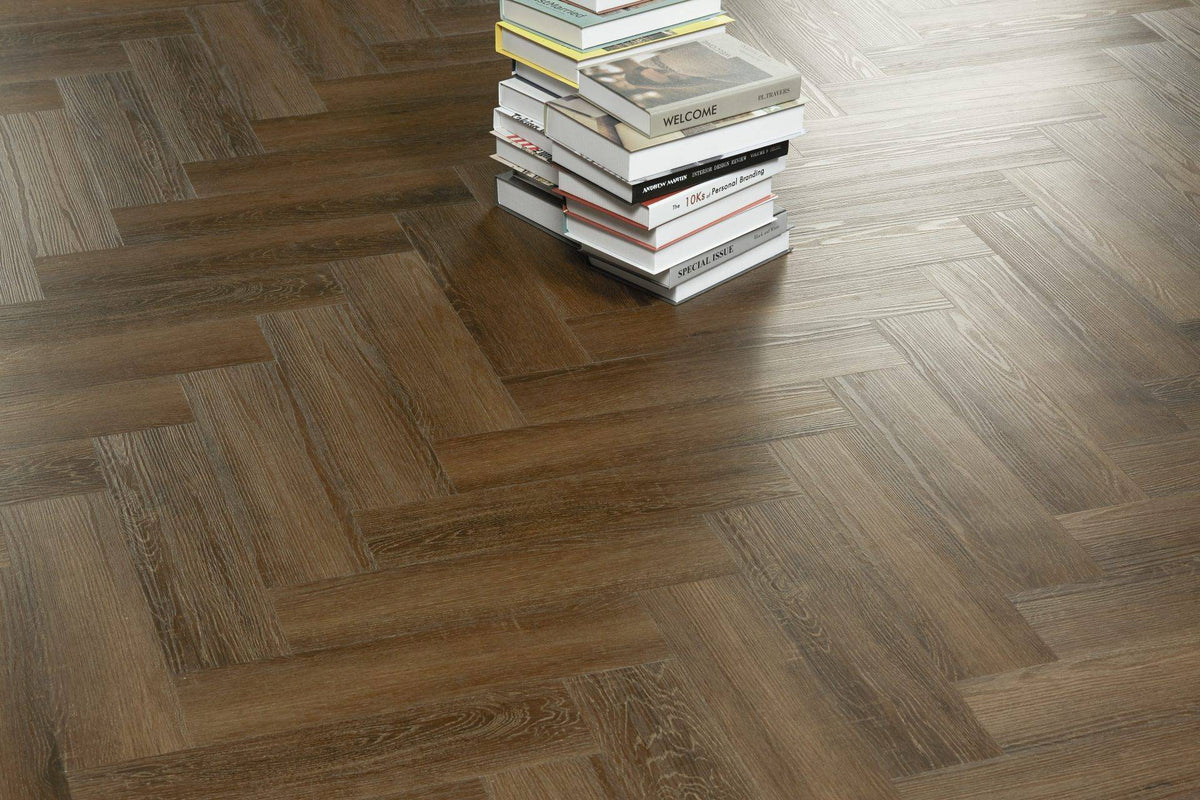 Walnut Style Parquet herringbone LVT 2mm glue-down dark wood-effect sample
