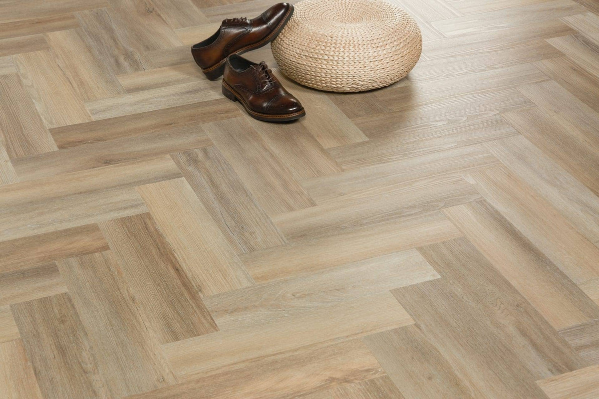 Elm Style Parquet herringbone LVT 2mm glue-down mid-tone wood-effect sample