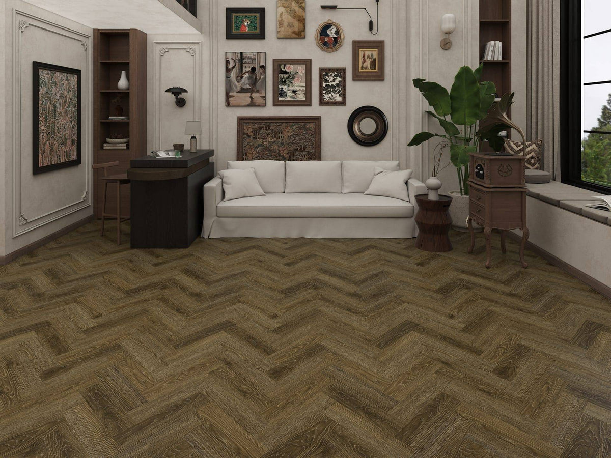 Chapel Oak Grande Parquet herringbone LVT 2.5mm 0.7mm wear dark wood sample