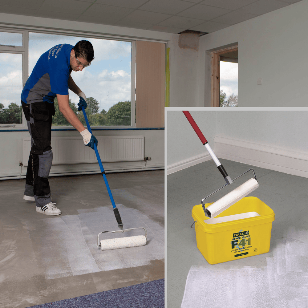 Styccobond F41 carpet tile tackifier being applied by roller