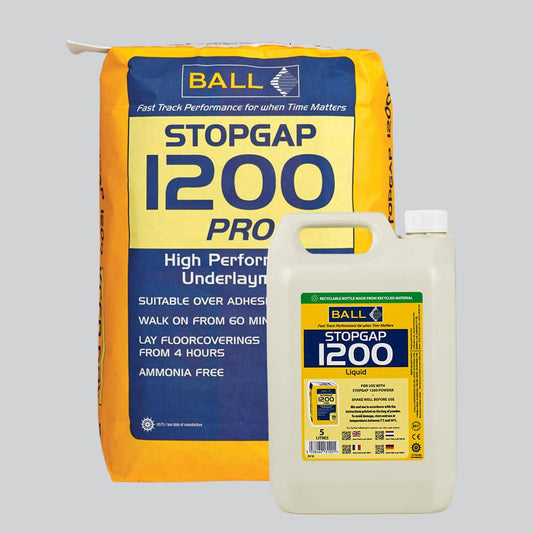 F-Ball Stopgap 1200 Pro leveling compound kit with 20kg bag and 5L bottle