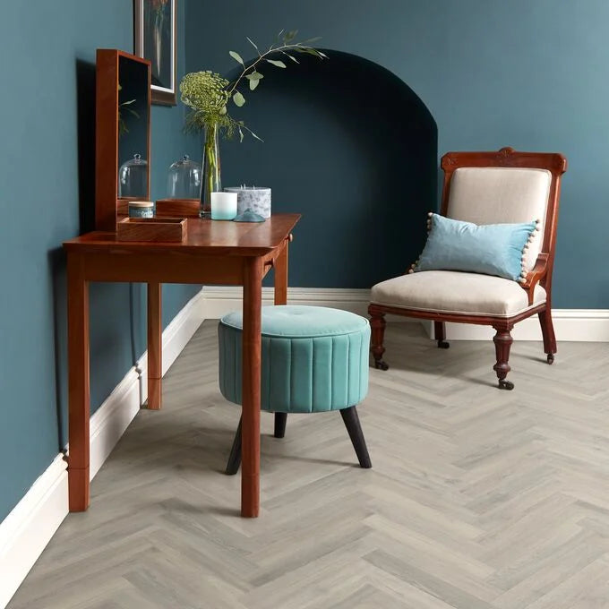 Polyflor Westchester Oak large parquet vinyl flooring installed in modern interior