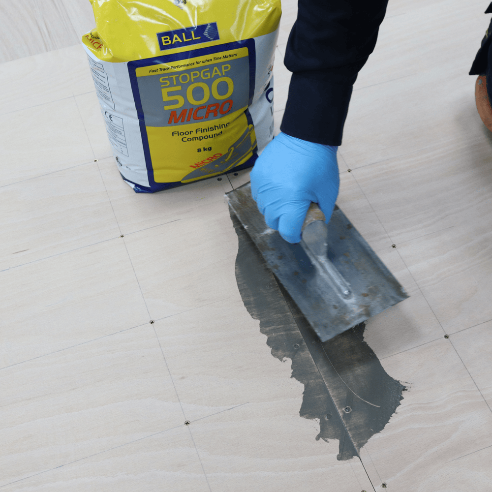 F-Ball Stopgap 500 Micro floor finishing compound being trowelled