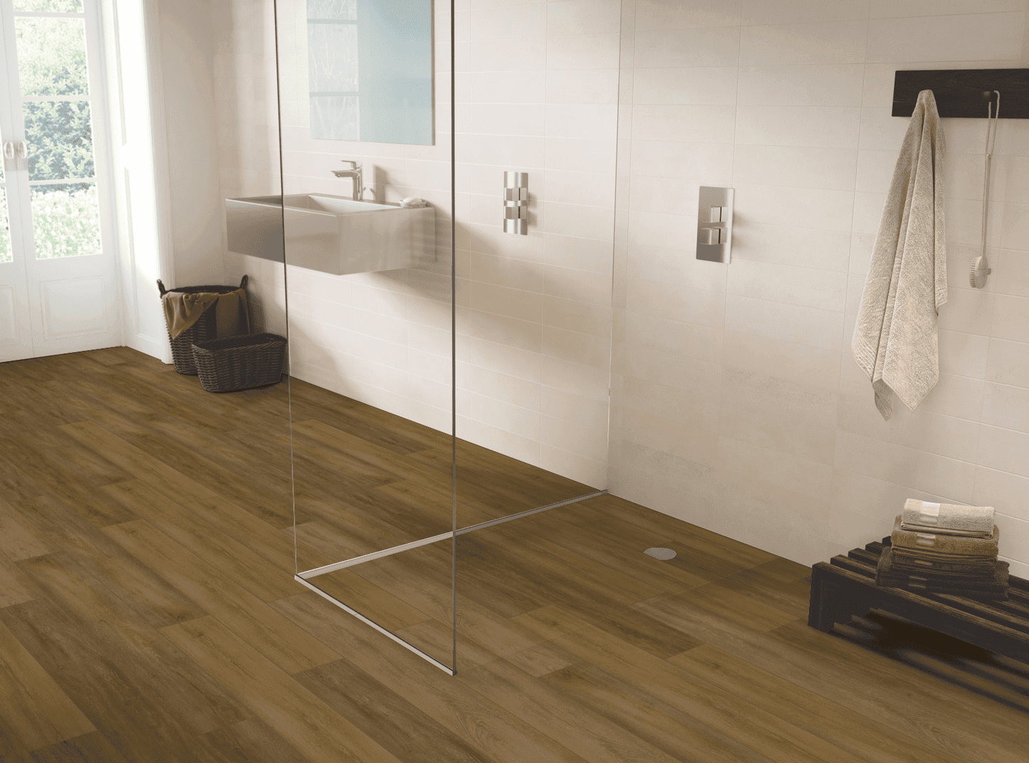 Sussex Range Smart 30 Natural luxury vinyl flooring installed in contemporary shower room showing natural wood effect