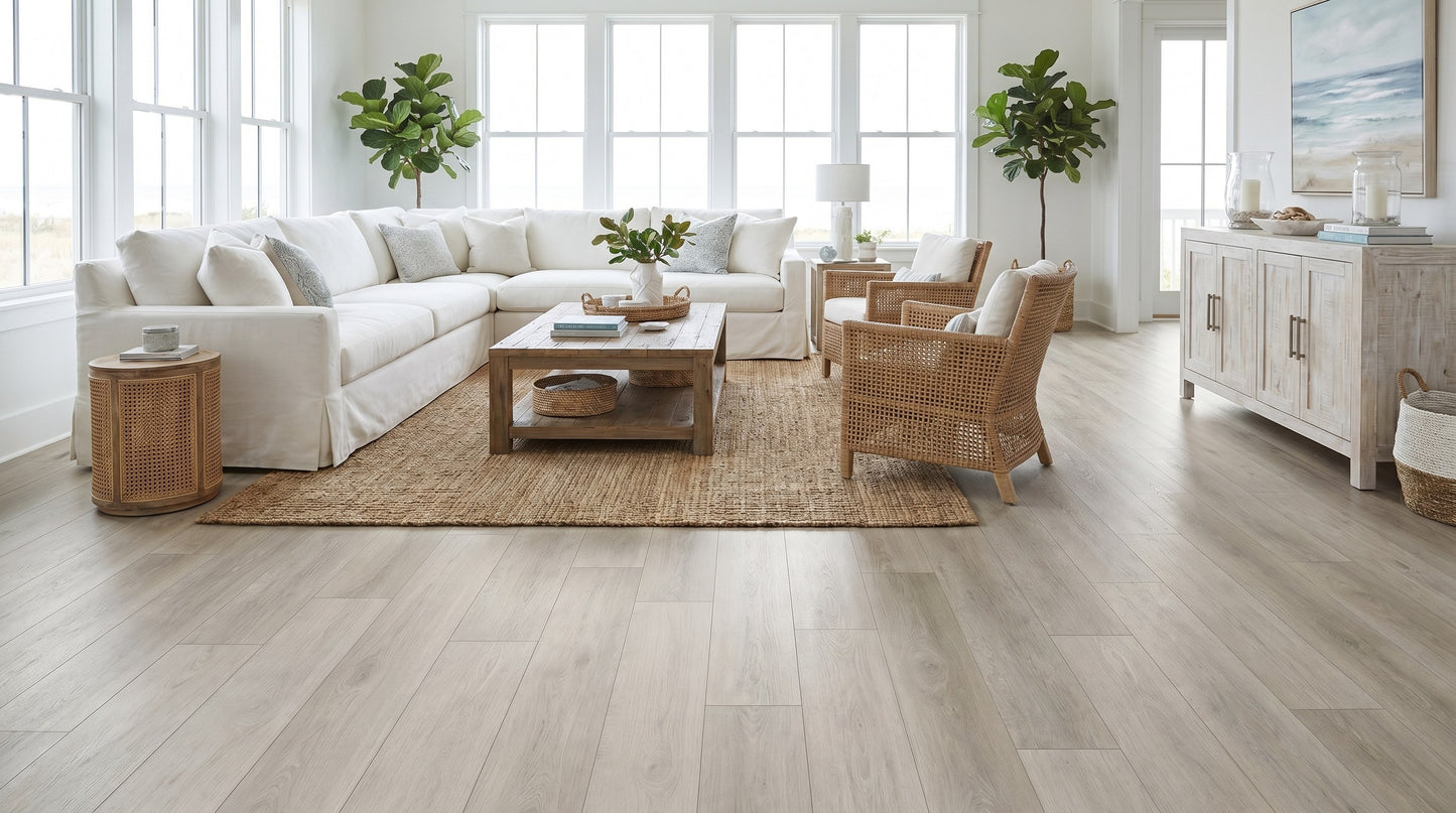 Beachwood SPC click flooring shown in a bright coastal living room
