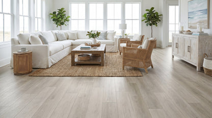 Beachwood SPC click flooring shown in a bright coastal living room