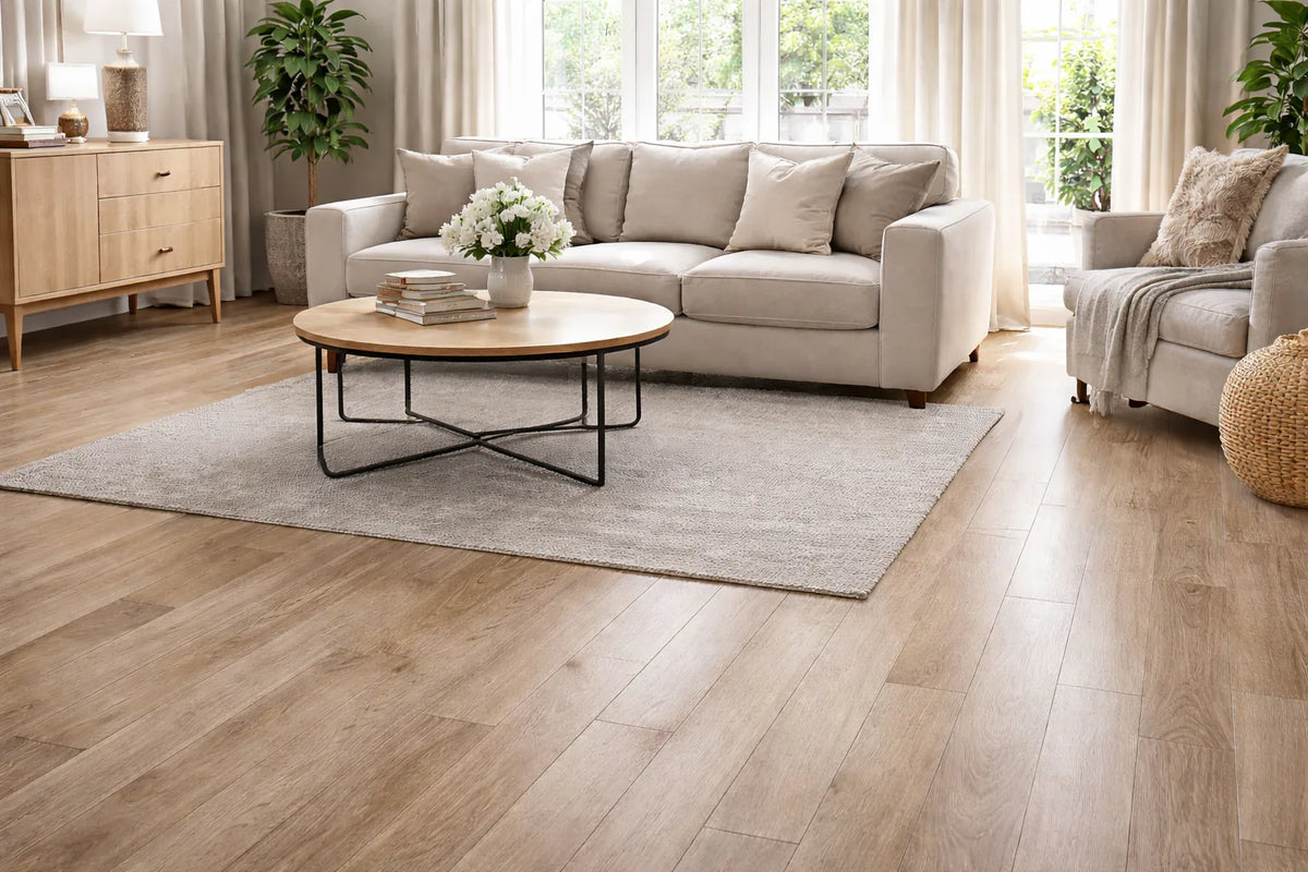 Light oak flooring in a bright modern living room