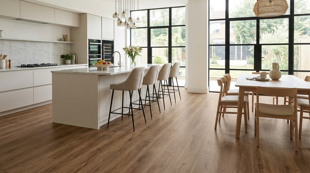 FW Originals CORE Smoked Oak Brown SPC click flooring shown in a modern kitchen