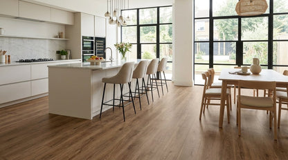 FW Originals CORE Smoked Oak Brown SPC click flooring shown in a modern kitchen