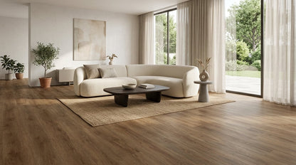 FW Originals CORE Smoked Oak Brown SPC click flooring shown in a modern living room