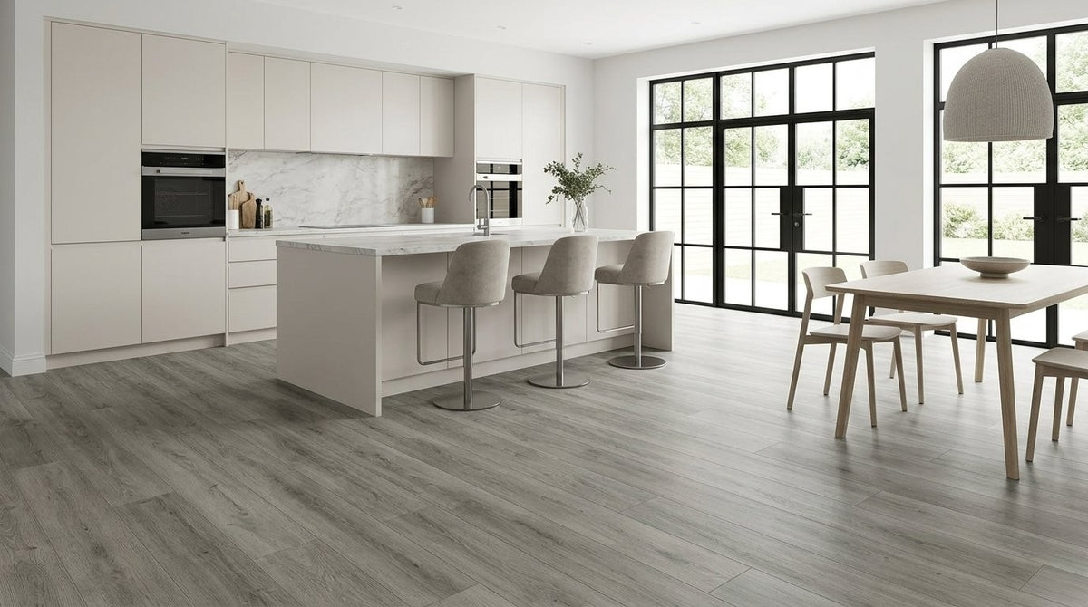 FW Originals CORE Soft Cloud grey oak SPC click flooring shown in a modern kitchen