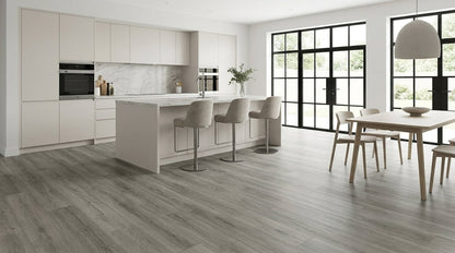 FW Originals CORE Soft Cloud grey oak SPC click flooring shown in a modern kitchen