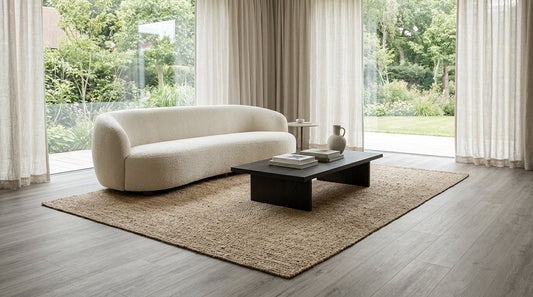 FW Originals CORE Soft Cloud grey oak SPC click flooring shown in a modern living room