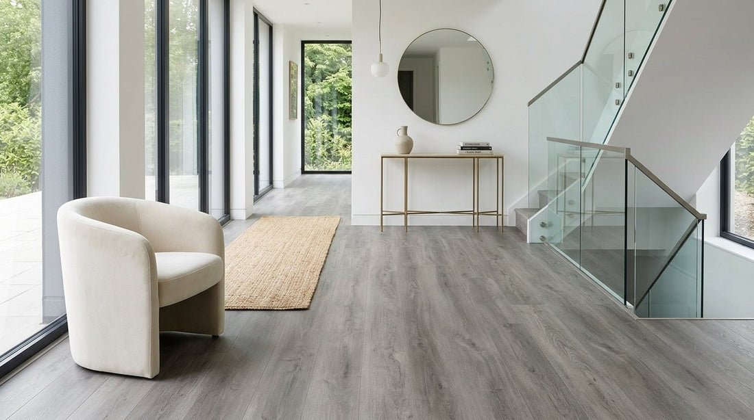 FW Originals CORE Soft Cloud grey oak SPC click flooring shown in a hallway