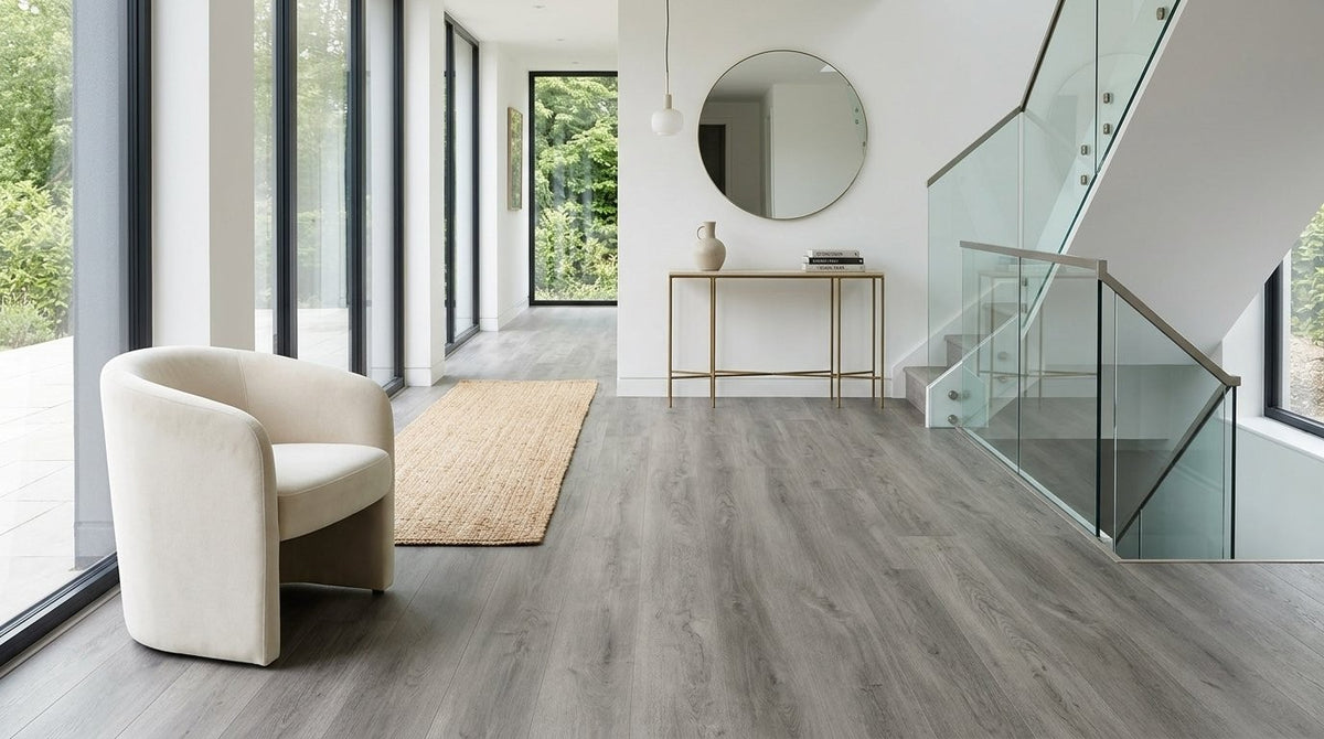 FW Originals CORE Soft Cloud grey oak SPC click flooring shown in a hallway