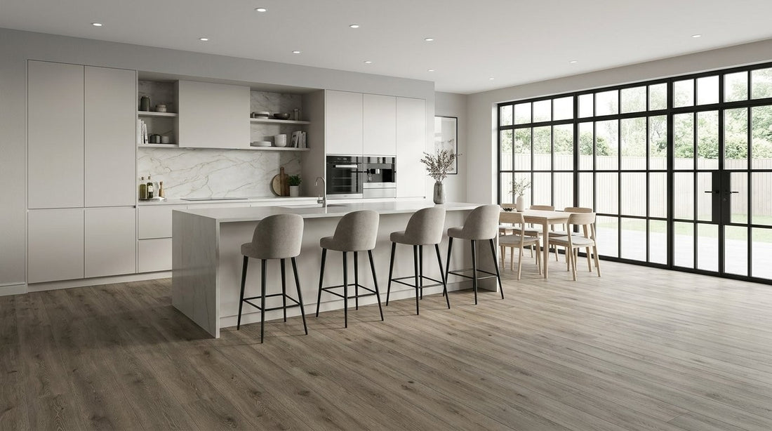 FW Originals CORE Spiced Oak Brown SPC click flooring shown in a modern kitchen