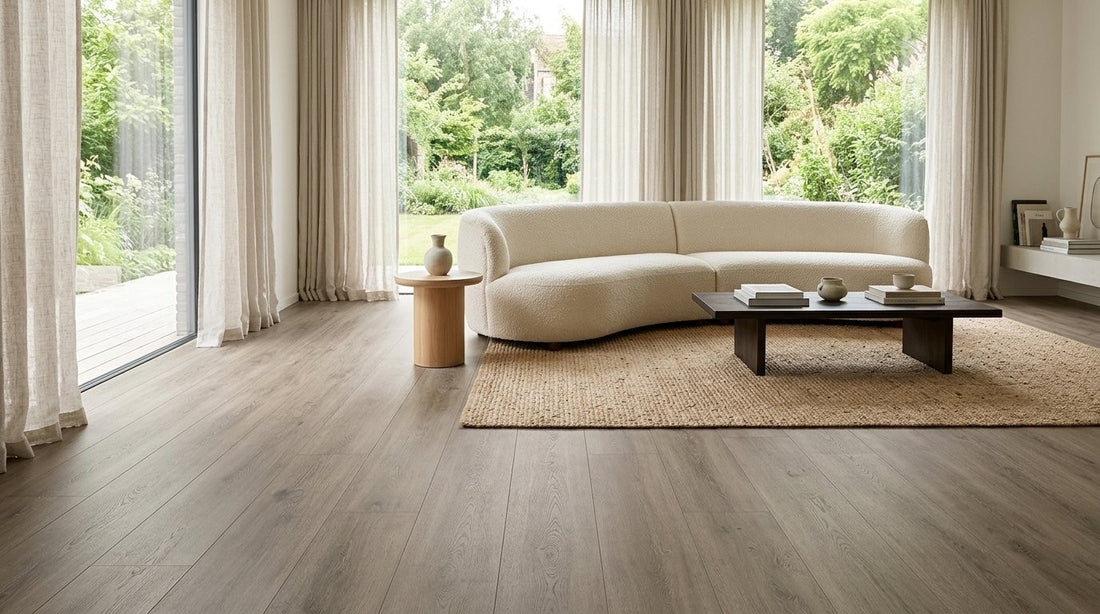FW Originals CORE Spiced Oak Brown SPC click flooring shown in a modern living room