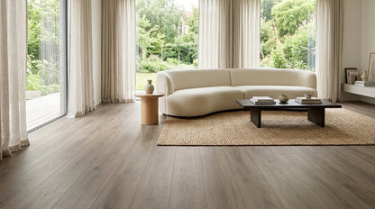 FW Originals CORE Spiced Oak Brown SPC click flooring shown in a modern living room