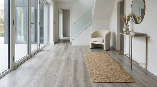 FW Originals CORE Summer Haze pale grey oak SPC click flooring shown in a hallway
