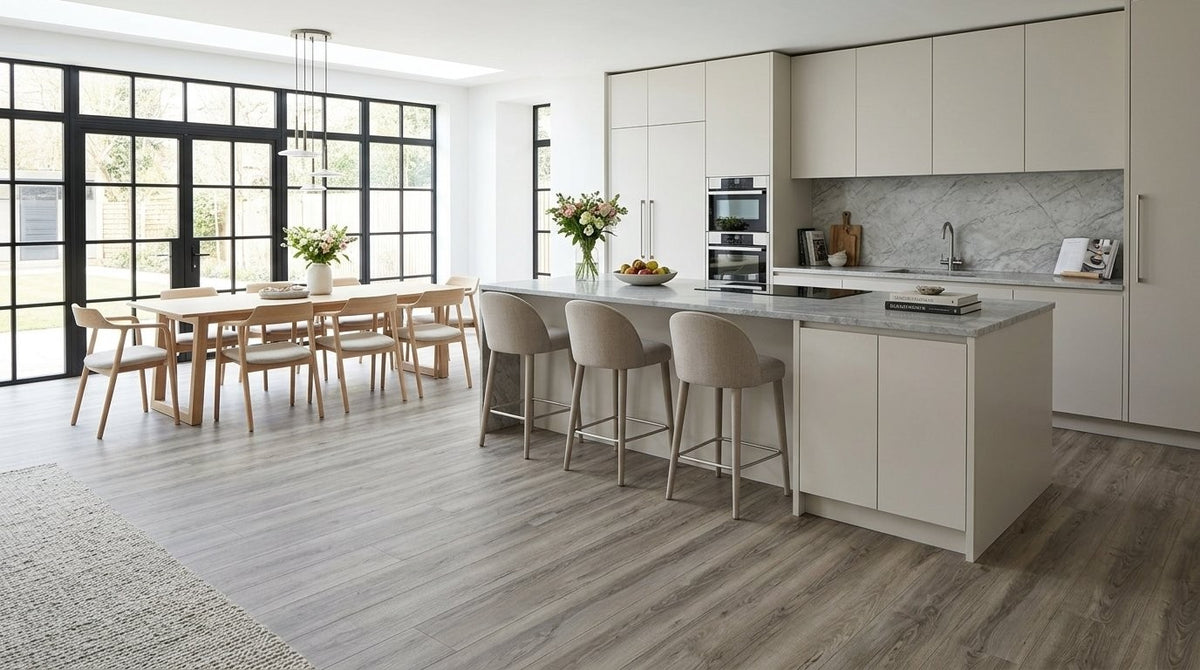 FW Originals CORE Summer Haze Grey SPC click flooring shown in a modern kitchen