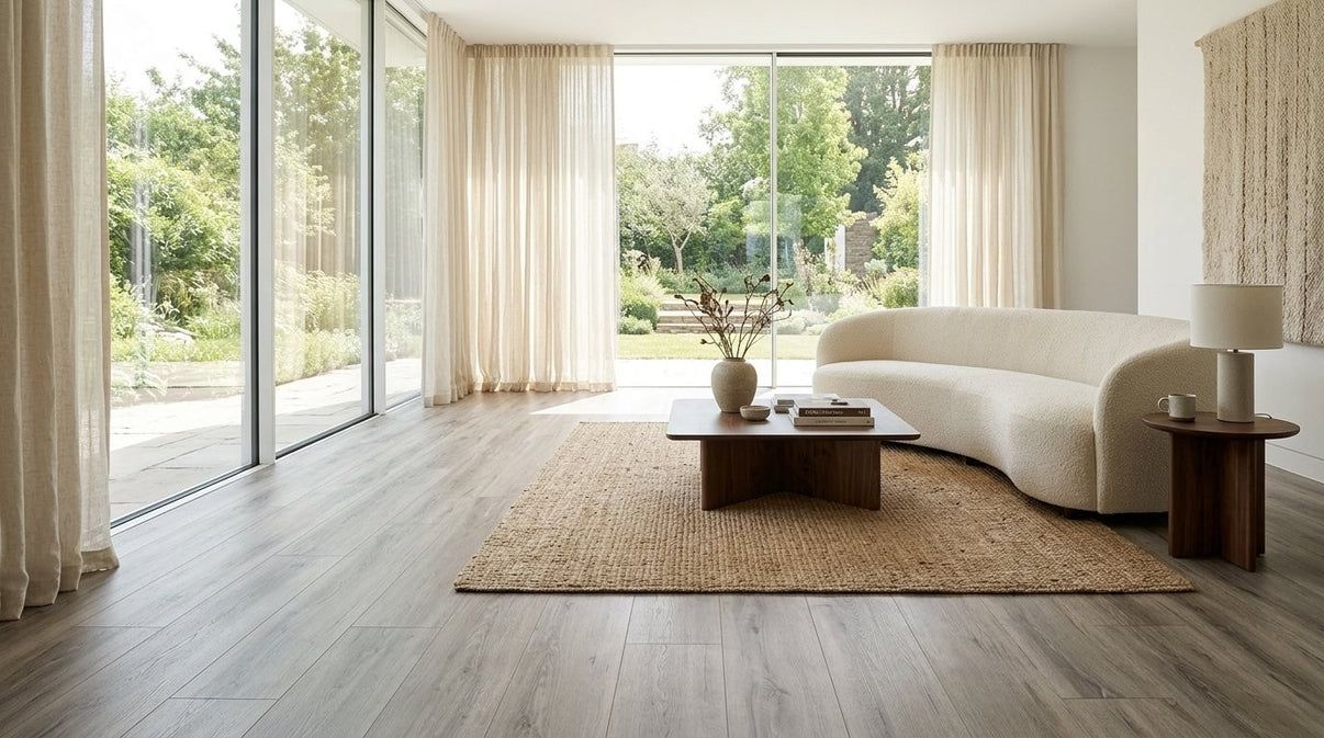 FW Originals CORE Summer Haze Grey SPC click flooring shown in a modern living room