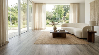 FW Originals CORE Summer Haze Grey SPC click flooring shown in a modern living room