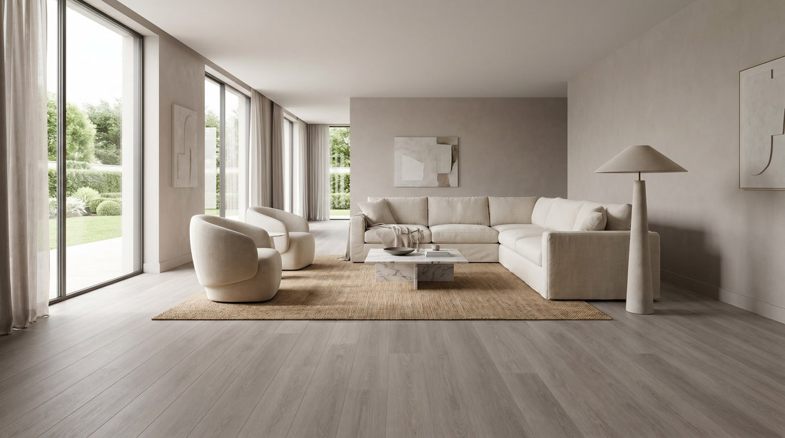 Grey Oak SPC click flooring shown in a minimalist living room