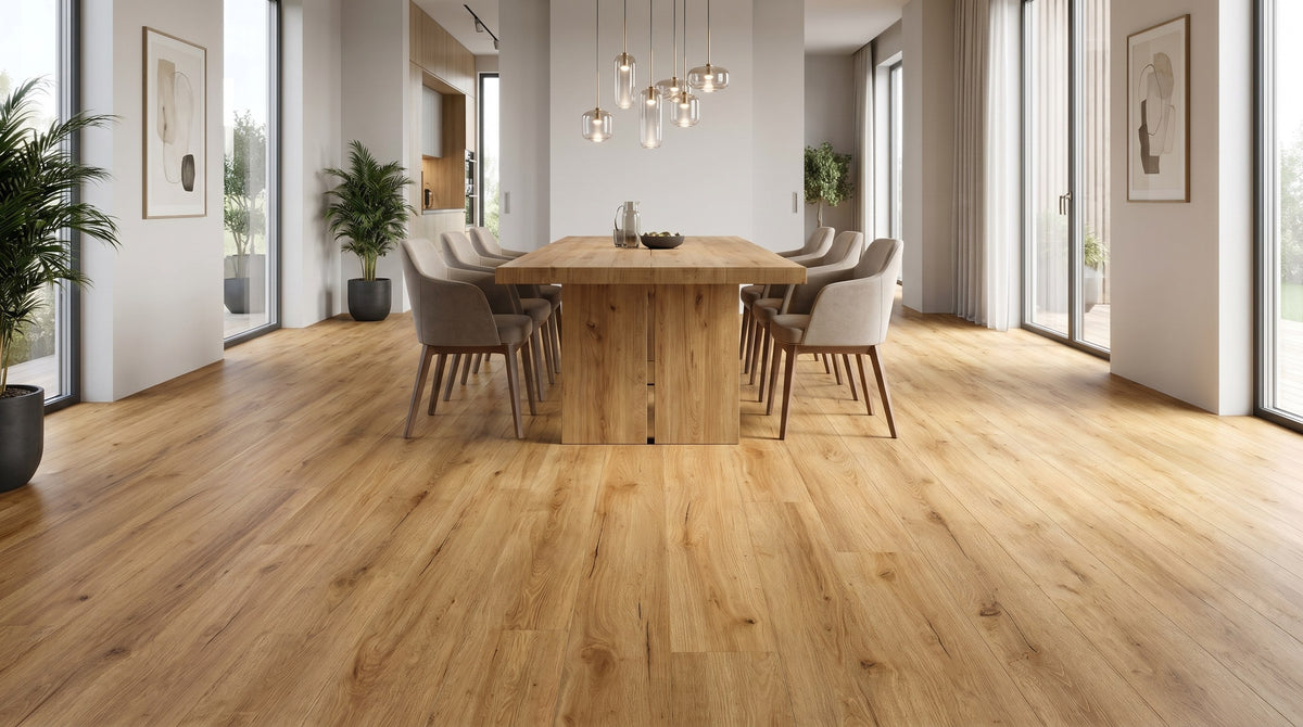 Harvest Oak SPC click flooring shown in a modern dining room