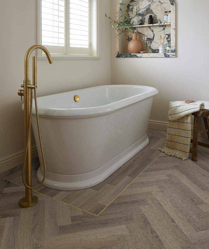 Polyflor Gold 0026 feature strip installed as a flooring border. Listing is a pack of 50 strips; flooring, furniture and fittings are not included.
