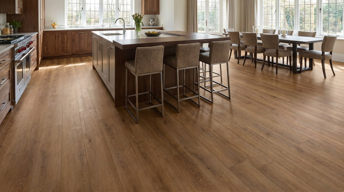 Rustic Oak SPC click flooring shown in a kitchen-diner
