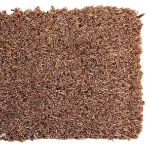 A close-up image of a textured brown coir doormat.