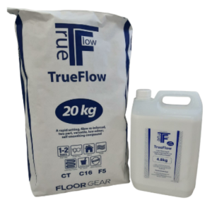 A 20 kg bag and a 4.8 kg jug of TrueFlow self-levelling floor compound, with product labels and icons indicating usage.