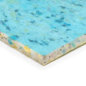 A close-up of a speckled blue and yellow material with a rough texture, possibly a recycled paper product.