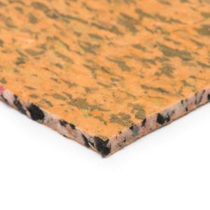 A close-up of a textured surface with an orange, green, and black spotty pattern.