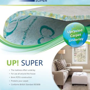 The image is an advertisement for UP! Tredz Super 'Upcycled Carpet Underlay,' featuring product benefits and a living room setting with carpet floors.