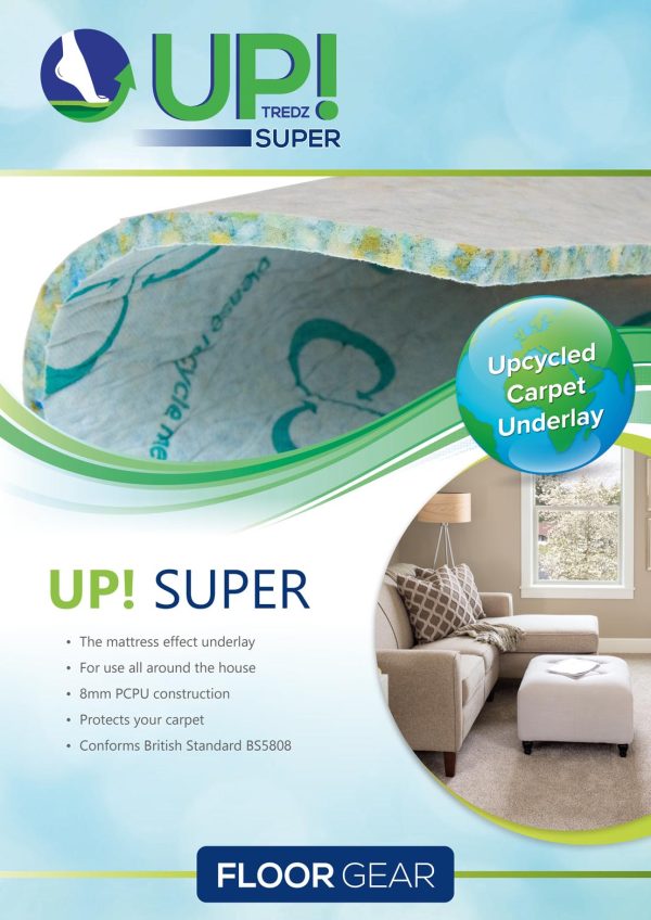 The image is an advertisement for UP! Tredz Super 'Upcycled Carpet Underlay,' featuring product benefits and a living room setting with carpet floors.